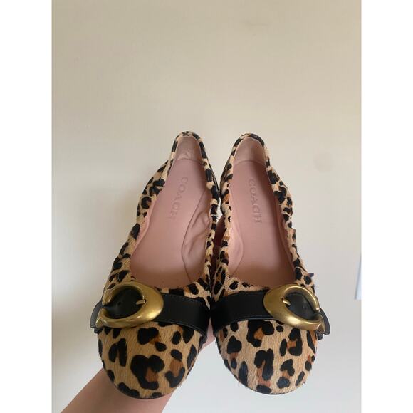 Coach Stanton Signature Buckle Calf Hair Ballet Flats Size 6 Leopard Print Gold - Picture 1 of 8